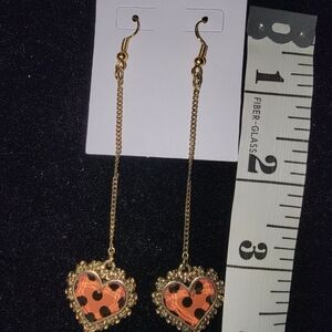 Gold Tone With  Black Dot Heart Drop Earrings
